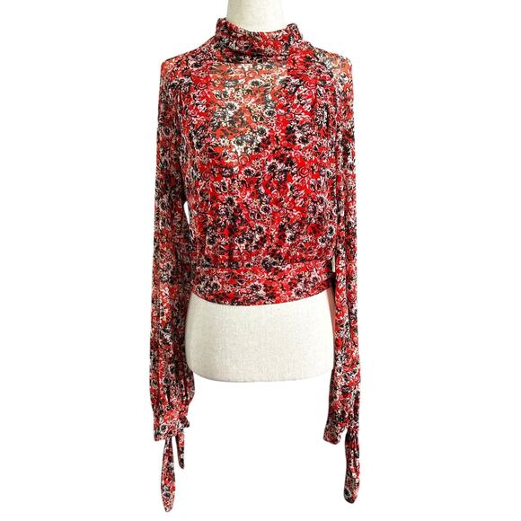 Free People Orange/Multicolor Mesh Floral Blouse Women's Top Size Medium | 26-40 - Picture 2 of 8